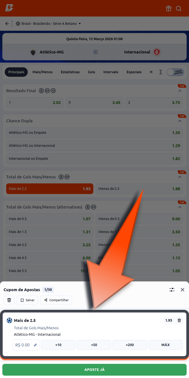 Adicione odds ao boletim Betano e escolha o valor da aposta para confirmar seu palpite.