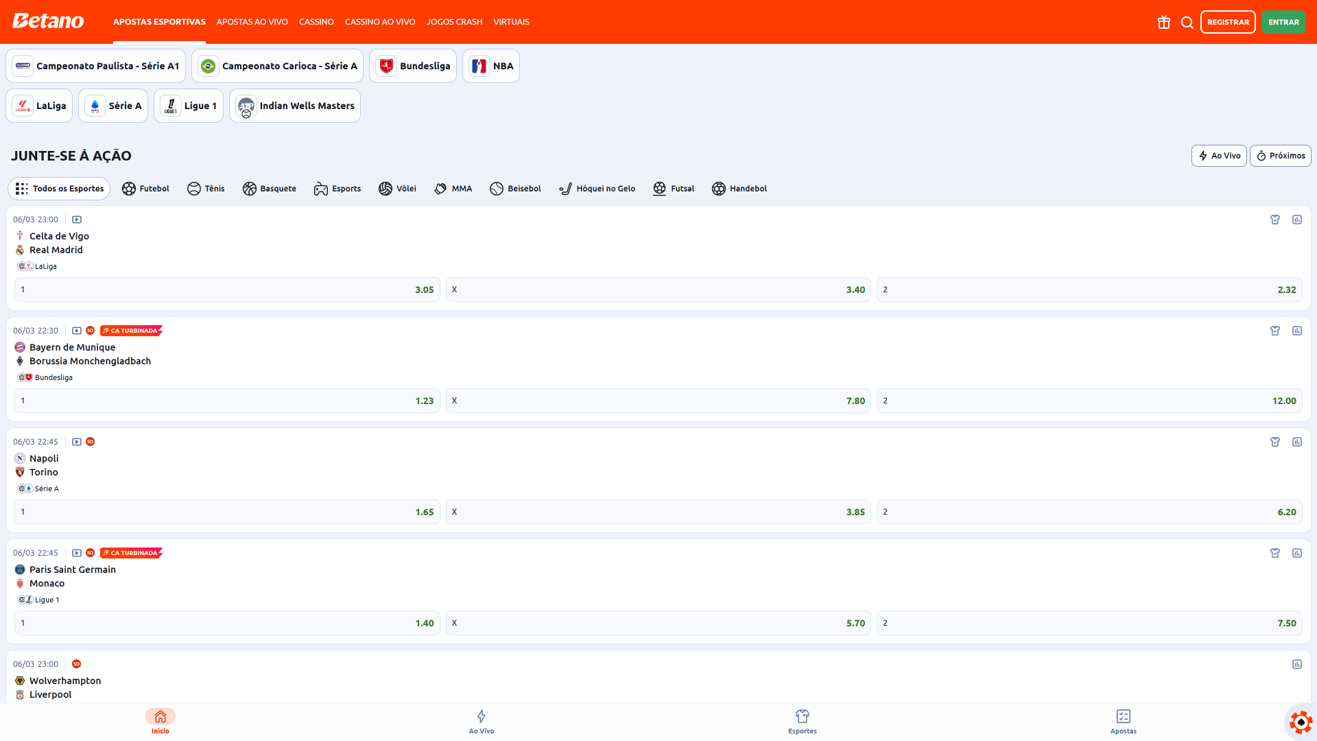 Navegue pelo menu Betano e encontre apostas esportivas em poucos cliques.